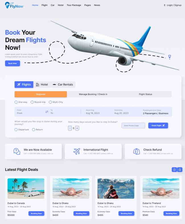 HTML5航空旅行航班预定网站模板125
